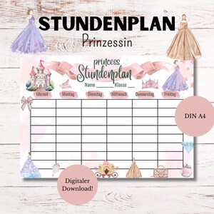 Puede incluir: Un horario imprimible de princesa rosa y blanco con un castillo, una corona y zapatos. El horario tiene espacios para los días de la semana y las franjas horarias. El texto dice "princess Stundenplan" y "DIN A4".