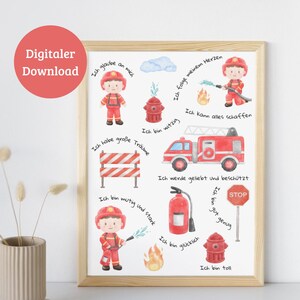 Cartel de afirmación para niños | Diseño del Departamento de Bomberos | Regalo de cumpleaños | Decoración habitación infantil | Descarga digital | PDF | DIN A4
