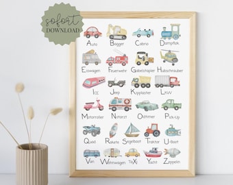 Vehicle ABC Poster | Children's Wall Decor | Elementary School Poster | Kindergarten Poster | Montessori Poster | Digital Download | PDF