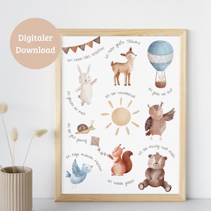 Cartel de afirmación para niños | Diseño azul de animales del bosque | Regalo de cumpleaños | Decoración habitación infantil | Descarga digital | PDF | DIN A4