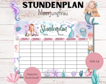 Timetable | Mermaid design | Up to 8 hours per school day | Digital download | PDF | DIN A4 | Elementary school timetable | German