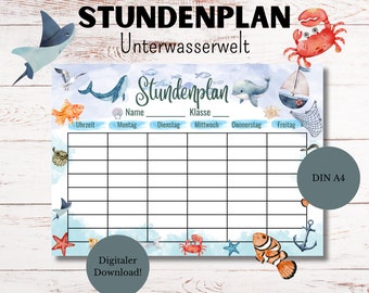 Timetable | Underwater world design | Up to 8 hours per school day | Digital download | PDF | DIN A4 | Elementary school timetable | German
