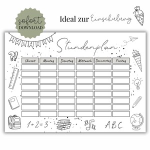 May include: Black and white school timetable chart with the text "Stundenplan" and the words "Uhrzeit", "Montag", "Dienstag", "Mittwoch", "Donnerstag", and "Freitag". Features illustrations of school supplies and the text "1+2=3" and "ABC".