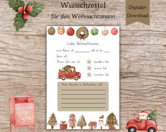 Op de afbeelding: Een printbare kerst verlanglijst voor kinderen om in te vullen voor Sinterklaas. De verlanglijst heeft een rode vrachtwagen met een kerstboom, een peperkoekman, een kerstboom en een Sinterklaas in een rode vrachtwagen. De tekst op de verlanglijst zegt "Lieber Weihnachtsmann, mein Name ist... und ich bin... Jahre alt. Dieses Jahr war ich... besonders lieb, immer lieb, meistens lieb. Meine Wünsche zu Weihnachten sind:"