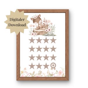 Può includere: Un grafico stampabile con un cervo e un cerbiatto marroni circondati da fiori rosa. Il grafico ha 15 stelle marroni da colorare per un bambino come grafico di ricompensa.
