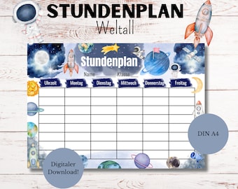 Timetable | Space Design | Up to 8 hours per school day | Digital download | PDF | DIN A4 | Elementary school timetable | German