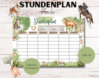 Timetable | Horse Design | Up to 8 hours per school day | Digital download | PDF | DIN A4 | Elementary school timetable | German