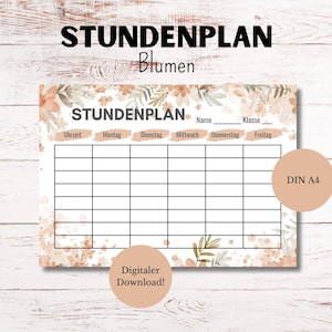 Timetable | Flower design | Up to 8 hours per school day | Digital download | PDF | DIN A4 | School timetable | German