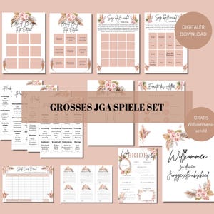 Könnte beinhalten: Ein Set druckbarer Brautparty-Spiele mit Boho-Thema. Die Spiele beinhalten "Sag Nein zum Kleid", "Braut Bingo", "Errate die After-Party", "Wer kennt die Braut am besten" und ein Willkommens-Schild. Die Spiele sind mit floralen Illustrationen und einer neutralen Farbpalette verziert.