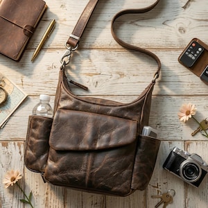 Könnte beinhalten: Braune Leder-Umhängetasche mit mehreren Taschen, einem langen, verstellbaren Riemen und einem silberfarbenen Verschluss. Die Tasche wird mit einer Wasserflasche, einer Kamera, Schlüsseln und einem Notizbuch auf einer Holzoberfläche gezeigt.
