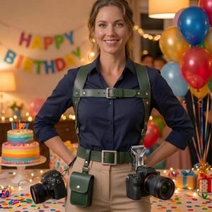 May include: A dark green leather camera harness worn over a navy blue button-down shirt and khaki trousers. The harness features a chest strap, a waist belt with a matching green leather pouch, and two metal clips holding professional cameras.