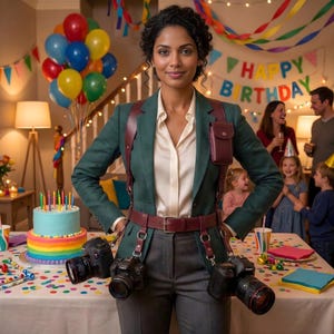 May include: A woman in a green blazer and brown leather camera rig, holding two cameras. A birthday party is in the background, with a cake, balloons, and a banner saying "Happy Birthday".