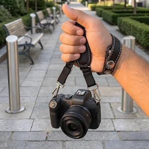May include: A black camera wrist strap featuring a padded section with white contrast stitching, adjustable nylon webbing, and silver-toned metal swivel clips attached to a black digital camera with a lens, secured by a snap-button leather cuff.