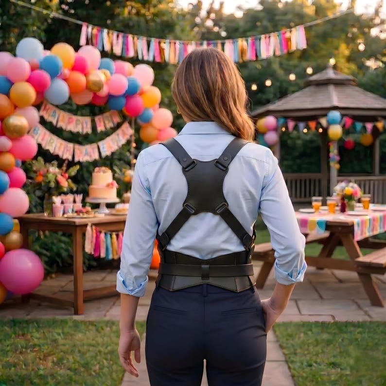 May include: A black leather camera harness worn over a light blue button-down shirt and dark trousers. The harness features a central back plate with adjustable straps that extend over the shoulders and around the waist to secure equipment.