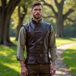 Medieval Leather Men&#39;s HandmadeVest | Handmade Viking Warrior Armor with Adjustable Buckle Straps & High Collar | LARP, Renaissance Outfit