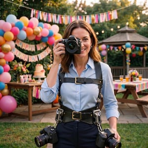 May include: A black leather dual camera harness featuring adjustable straps, metal buckles, and two side-mounted clips for securing cameras. The harness is worn over a light blue button-down shirt, designed to distribute the weight of two cameras.