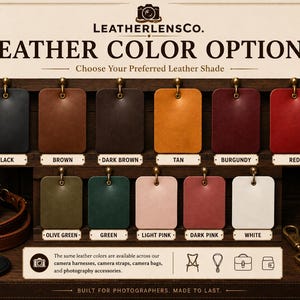 May include: A display board titled LEATHERLENSCO. LEATHER COLOR OPTIONS featuring twelve rectangular leather swatches in black, brown, dark brown, tan, burgundy, red, olive green, green, light pink, dark pink, and white, each labeled with its color name.