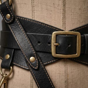 May include: A wide black leather belt featuring a textured surface, light-colored contrast stitching, and a rectangular brass buckle. The belt includes an attached diagonal strap secured with brass rivets and a brass swivel hook clasp at the bottom.