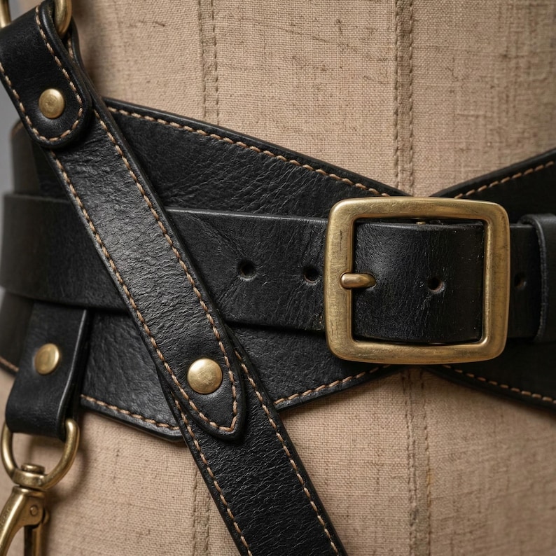 May include: A wide black leather belt featuring a textured surface, light-colored contrast stitching, and a rectangular brass buckle. The belt includes an attached diagonal strap secured with brass rivets and a brass swivel hook clasp at the bottom.