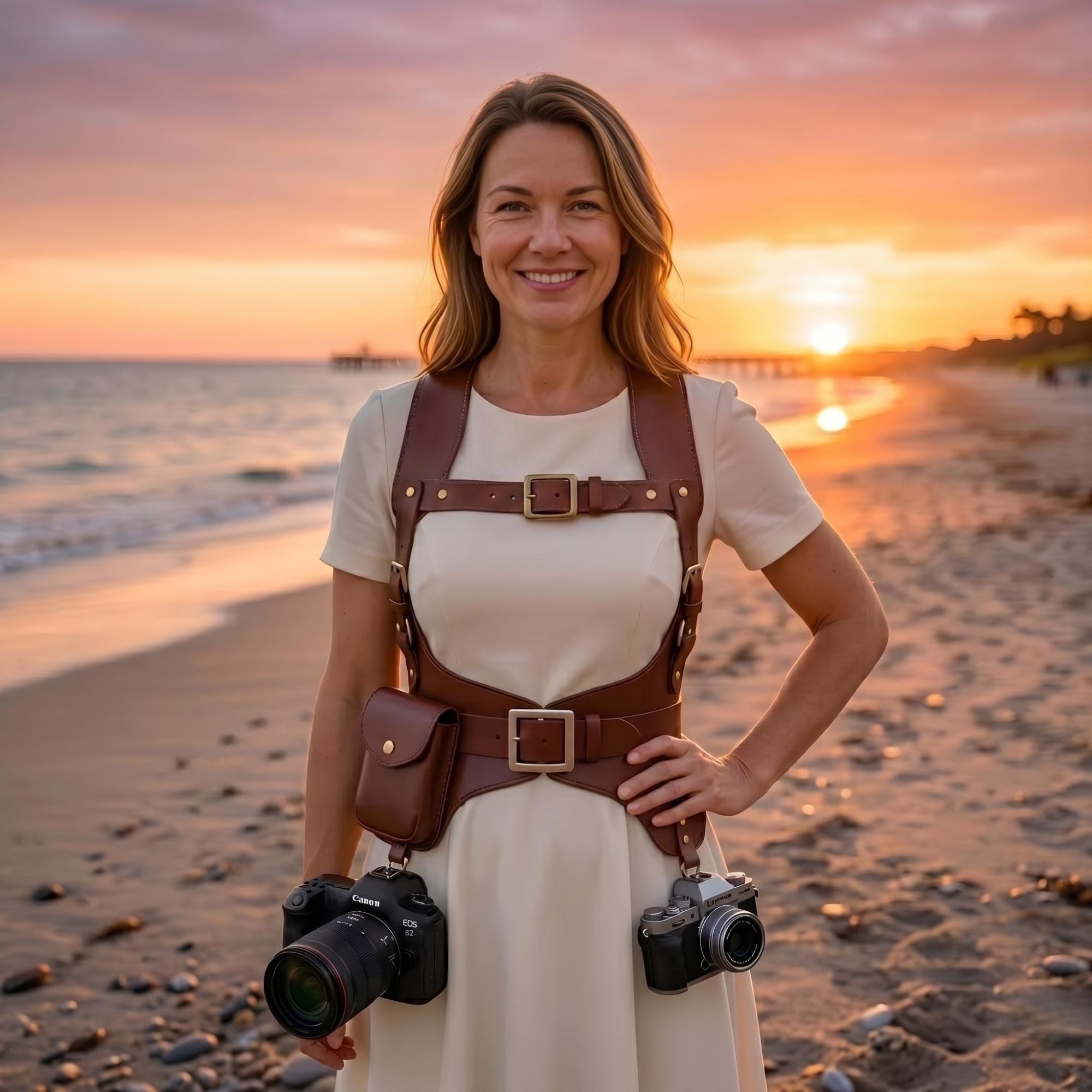 Leather Camera Harness with Pouch Genuine Cow Leather Dual Camera Strap Handmade Photographer Harness