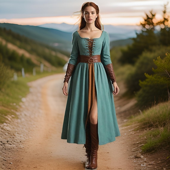 Viking Warrior Women Medieval Dress Cape Style Sexy Slit Dress with Lace up Bodice Long Sleeve Teal mid Length Greek Goddess Gown Dress