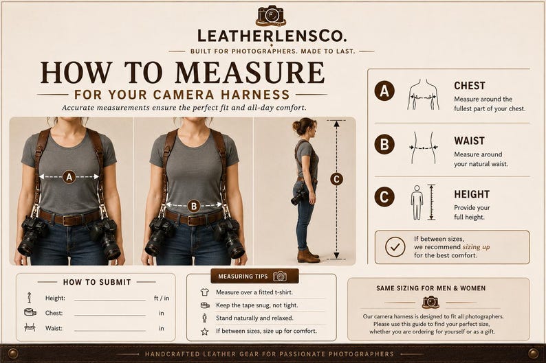 May include: An instructional infographic titled LEATHERLENCO. HOW TO MEASURE FOR YOUR CAMERA HARNESS. It displays diagrams and text explaining how to measure chest, waist, and height for a leather camera harness, including a submission form.