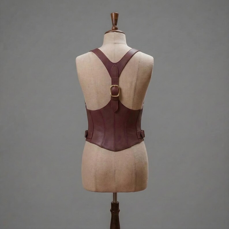 Puede incluir: Un cors&eacute; de cuero marr&oacute;n oscuro con un dise&ntilde;o de tiras en forma de Y en la espalda y una hebilla central de lat&oacute;n. La prenda est&aacute; confeccionada con costuras verticales e incluye correas laterales ajustables con herrajes de lat&oacute;n sobre un maniqu&iacute;.