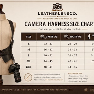 May include: A dark brown leather camera harness displayed on a mannequin, featuring a size chart with measurements in inches for sizes S through XXL, including chest, waist, and height specifications for photographers to determine their fit.