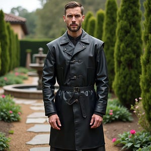 Traditional Men&#39;s Viking Leather Trench Coat | Handmade Medieval Warrior Long Coat with Belt & Buckle | Renaissance LARP Cosplay Outfit