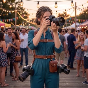 May include: A teal long-sleeved jumpsuit worn with a brown leather camera harness featuring two side-mounted cameras and a small utility pouch. The harness includes adjustable straps with metal buckles, worn over the torso and waist.