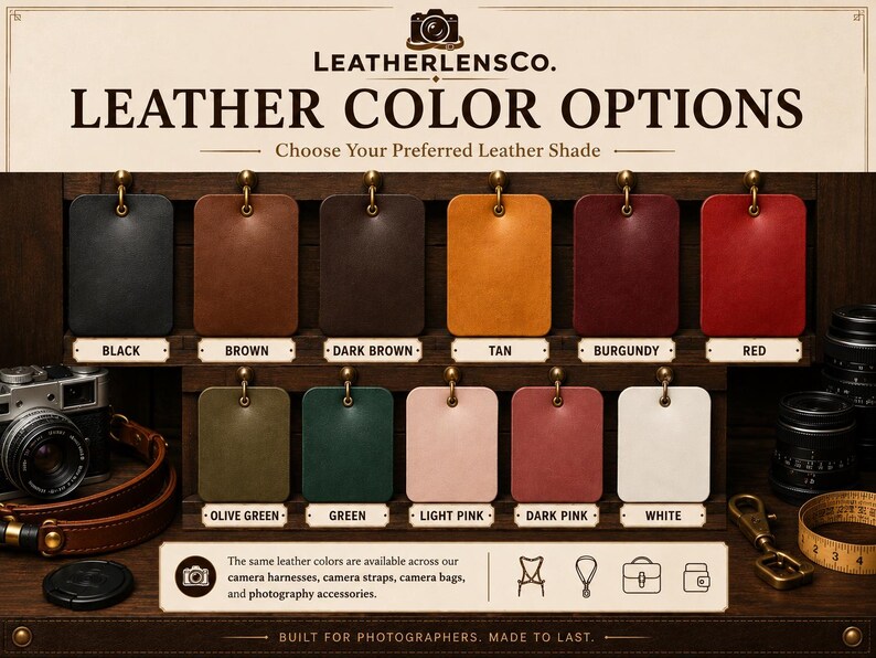 Puede incluir: Un panel de exhibici&oacute;n titulado LEATHERLENSCO. LEATHER COLOR OPTIONS con doce muestras de cuero rectangulares en negro, marr&oacute;n, marr&oacute;n oscuro, tostado, burdeos, rojo, verde oliva, verde, rosa claro, rosa oscuro y blanco, cada una etiquetada.