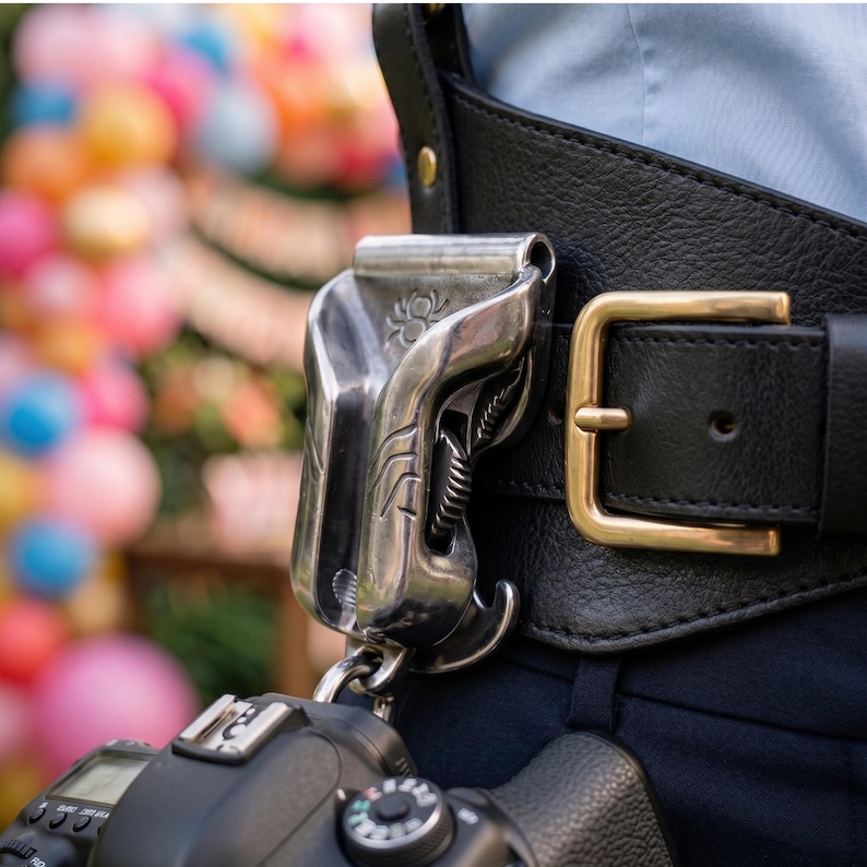 May include: A black leather belt with a brass buckle features a silver-toned metal camera holster attached to the side. The holster has a spider logo embossed on the top surface and a mechanical locking mechanism holding a black camera body.