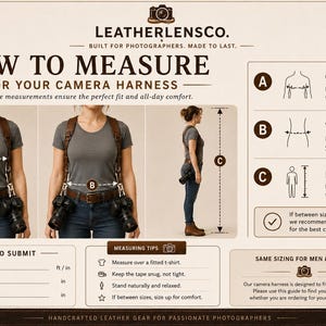 Puede incluir: Una infograf&iacute;a instructiva titulada LEATHERLENCO. HOW TO MEASURE FOR YOUR CAMERA HARNESS. Muestra diagramas y texto que explican c&oacute;mo medir el pecho, la cintura y la altura para un arn&eacute;s de c&aacute;mara de cuero, incluyendo un formulario.