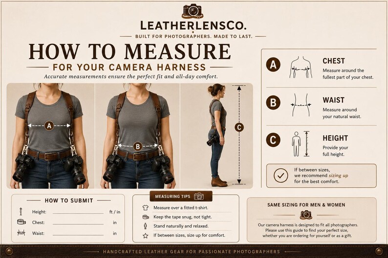Puede incluir: Una infograf&iacute;a instructiva titulada LEATHERLENCO. HOW TO MEASURE FOR YOUR CAMERA HARNESS. Muestra diagramas y texto que explican c&oacute;mo medir el pecho, la cintura y la altura para un arn&eacute;s de c&aacute;mara de cuero, incluyendo un formulario.