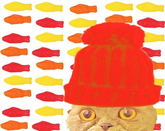 Wooly Hat Cat and Fish Pop Art Print by Giraffes and Robots