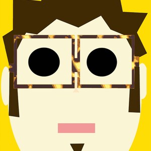 Puede incluir: Ilustración estilizada de una cara con cabello castaño y gafas con un patrón de carey. La cara tiene una boca rosa y un pequeño triángulo negro para la barba. Las palabras "el hipster" están en la parte superior.