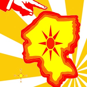 Könnte beinhalten: Ein lebendiges Poster mit einem gelb-orangen Sonnenstrahl-Design. Die Worte "You are here" stehen über einer Karte von Rhode Island, mit einem zeigenden Finger. Das Wort "Providence" steht unten, darunter "Rhode Island".