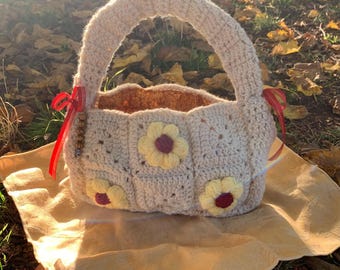 Borsa quadrata della nonna fatta a mano all'uncinetto: borsa tote boho con motivo floreale