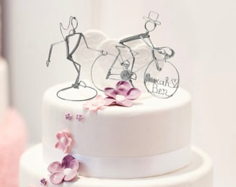 Bicycle Wedding Cake Topper Runner Bride & Cyclist Groom Wire Art Sculpture Ornament