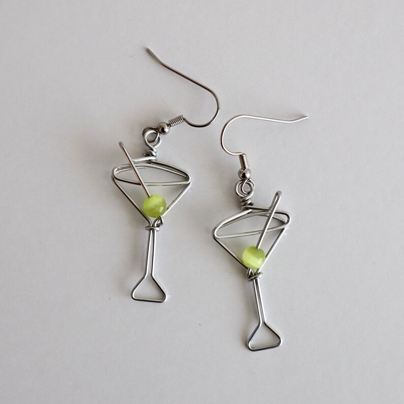 Martini Glass Earrings Unique Gift for Bartenders, Cocktail Earrings, Martini Olive image 1