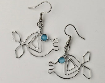 Wire Fish Earrings // Dangling, Lightweight, Non-tarnish, Turquoise Beads