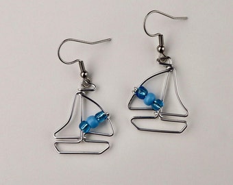 Sailboat Earrings. Dangling, Lightweight, Non-tarnish, Turquoise Beads