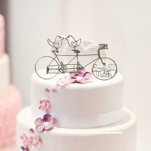 Tandem Bicycle Wedding Cake Topper with Love Birds