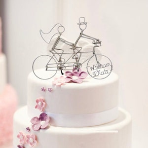 Personalized Tandem Bike Riders Wedding Cake Topper // Bicycle Wedding Gift image 1