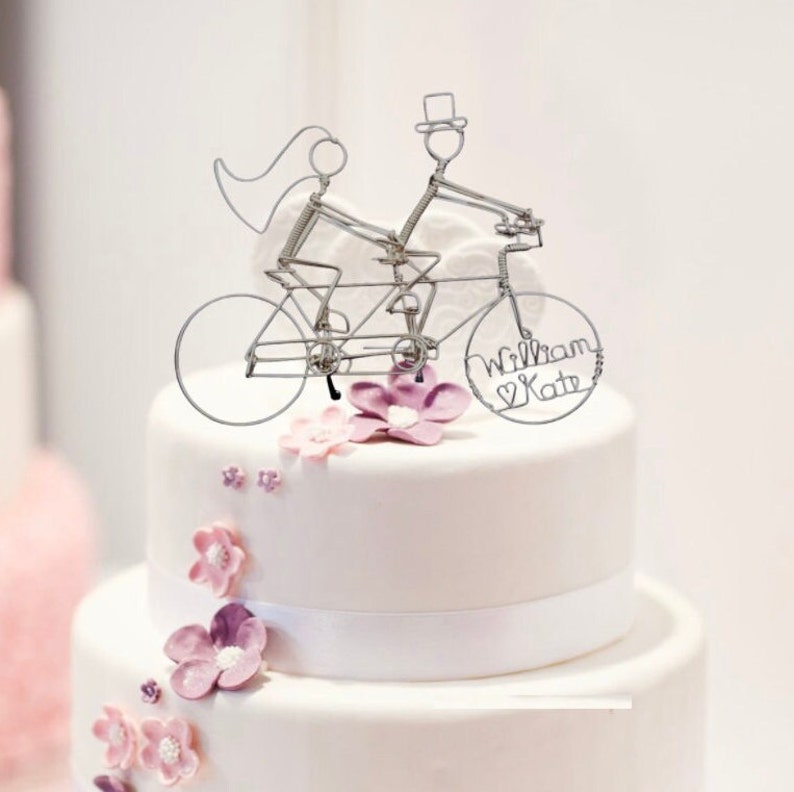 Personalized Tandem Bike Riders Wedding Cake Topper // Bicycle Wedding Gift image 1