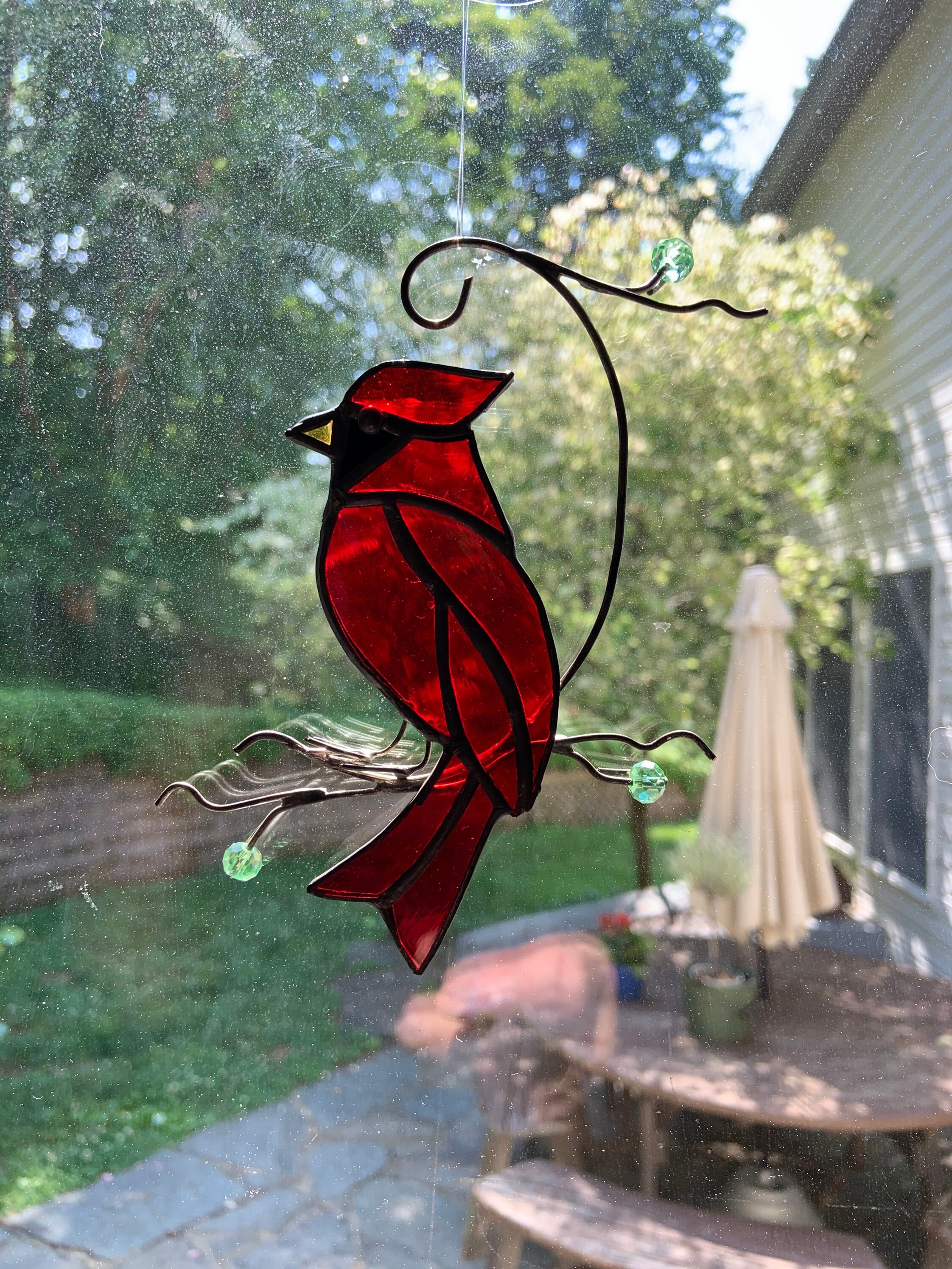 YIYIYI Pair of Cardinal Bird Stained Glass Ornament Window Hanging Suncatcher Ornament Decoration One Cardinal Bird 
