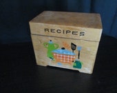 Vintage Nevco wood recipe box with hand painted design 5 1 2 quot x 3 1 2 quot x 4 1 2 quot