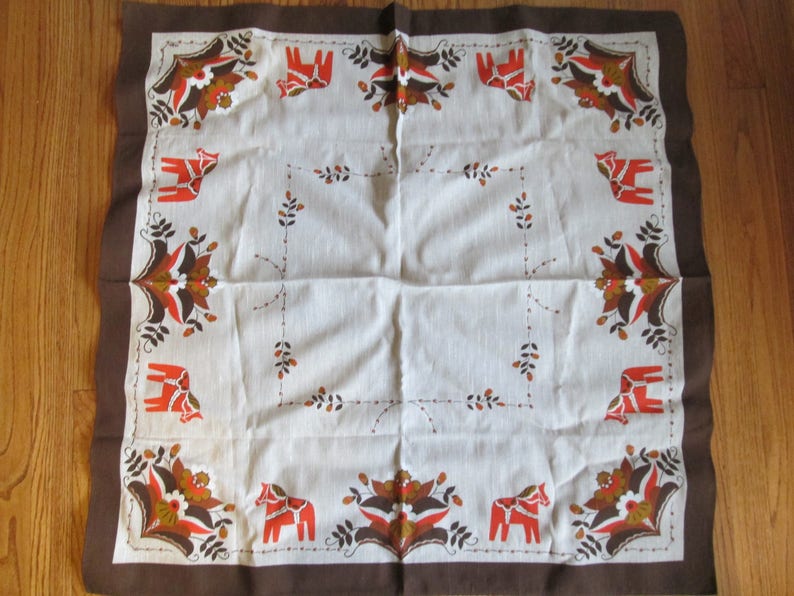 Southwestern hand painted tablecloth brown and orange linen measures 35 x 35