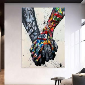 Arte de Banksy con grafiti de mano sobre lienzo, decoración para sala de estar, arte de pared con grafiti callejero, impresión en lienzo colorido, arte de pared extragrande