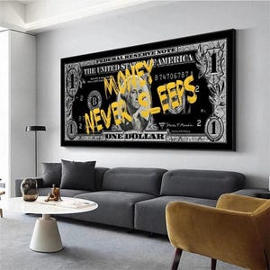 Motivational Money Wall Art Painting Money Never Sleeps And Future Money Gold Text On Bitcoin Dollars Canvas Posters